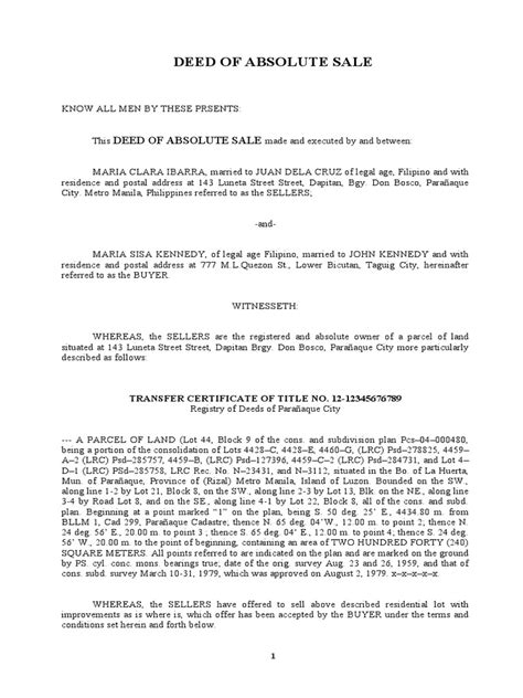 deed  absolute sale lot sample   metro manila property