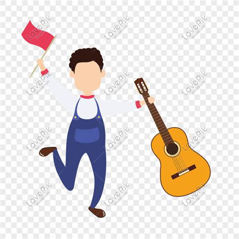 Cartoon Tao Na May Hawak Na Gitara Waving Kamay Vector Materyal Larawan