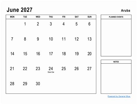 June 2027 Planner With Aruba Holidays