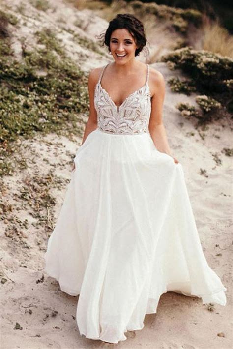 Buy Elegant Spaghetti Straps V Neck Chiffon Backless Beach Wedding