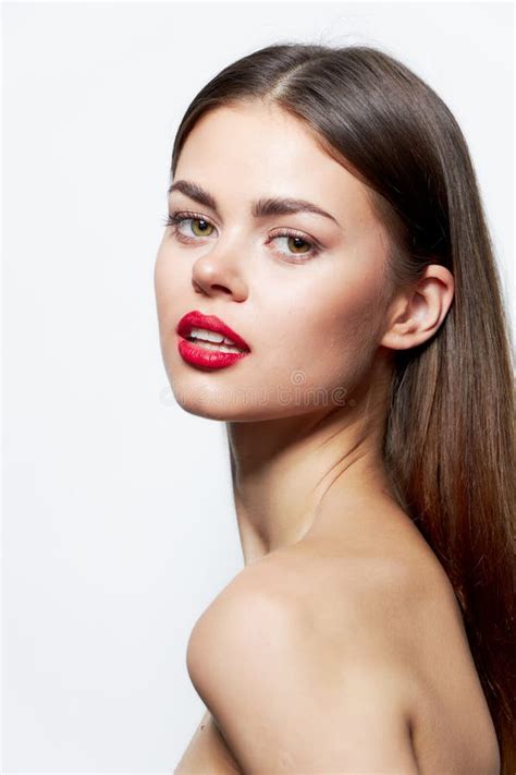 Brunette Naked Shoulders Cosmetics Red Lips Clear Skin Stock Image