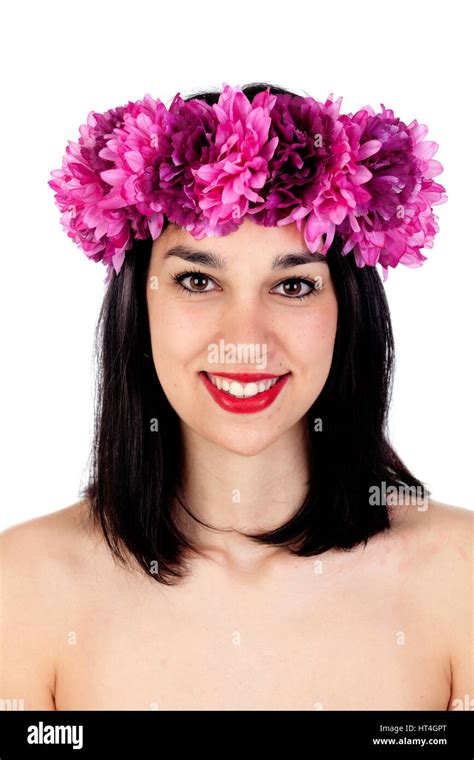 Beautiful Brunette Girl With Purple Flowers In Her Head Isolated On A