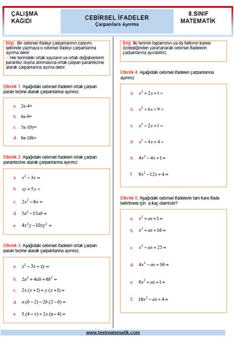 Sinif Arpanlara Ayirma Ali Ma Ka Idi Test Matematik