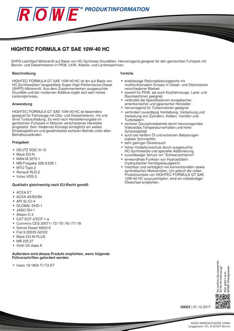 Rowe Hightec Formula GT 10W-40 HC - Rowe - Ölanalysen und Ölanalytik ...