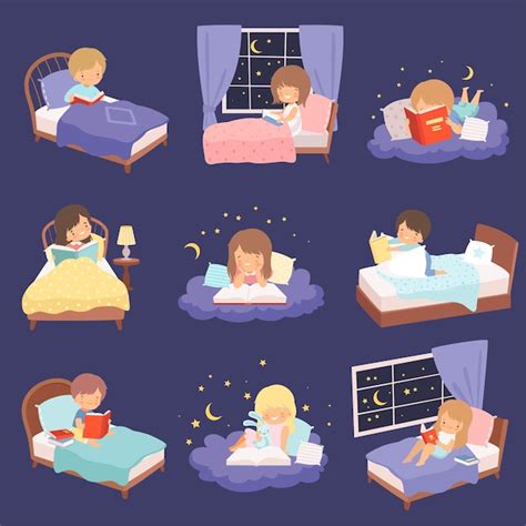 Une Jolie Petite Fille Blonde Allong E Sur Les Nuages Et Leurs Lits La Nuit Et Lisant Des