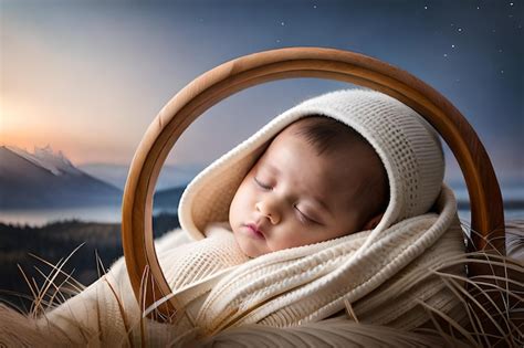 Premium Ai Image A Baby Sleeping In A Basket With The Words Baby