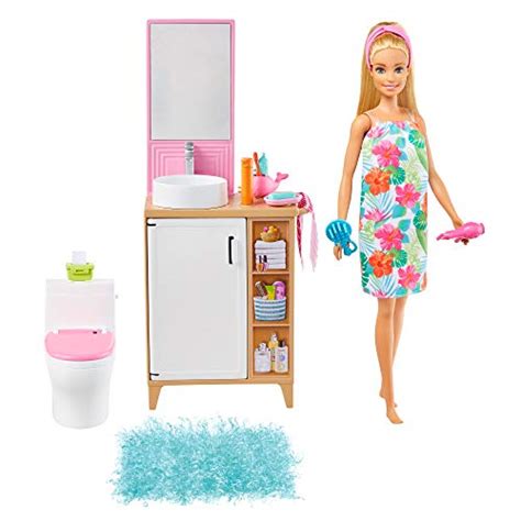 Barbie Mobilier coffret Salle de Bain avec poupée blonde wc coiffeuse et accessoires jouet