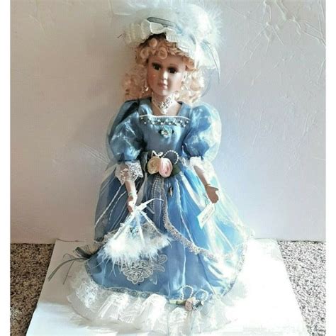 Collections Etc Toys Porcelain Doll Blonde Hair Blue Victorian Dress Lace Roses Pearls