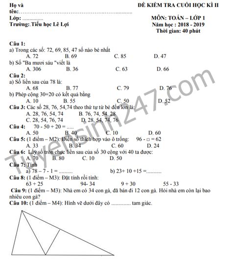 Đề thi học kì 2 môn Toán lớp 1 năm 2019 Tiểu học Lê Lợi