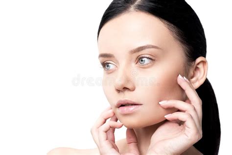 Attractive Tender Brunette Woman Touching Her Face Stock Photo Image Of Beautiful Beauty