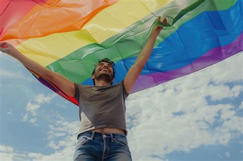 Homem Gay Feliz Se Divertindo Segurando A Bandeira Do Arco Ris S Mbolo Da Comunidade Lgbtq