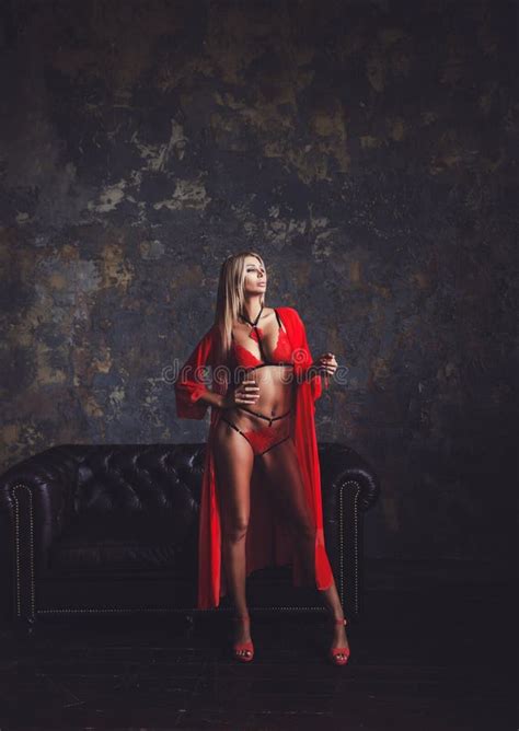 Blonde Model In Red Lingerie Stock Photo Image Of Carnal People 133990412