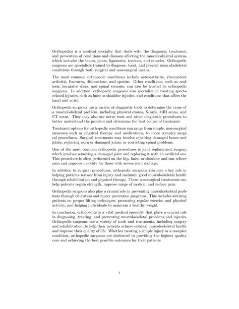 Orthopedics - Law of Medicine and Health Summary - Orthopedics is a