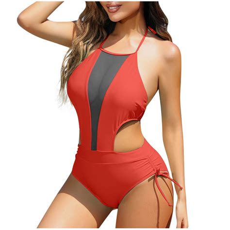 Diskebuiss Plus Size Womens Bathing Suits Summer Bikini Solid Color Padded Mesh Backless Beach