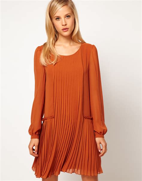 Asos Collection Asos Shift Dress With Pleated Dropped Waist In Orange