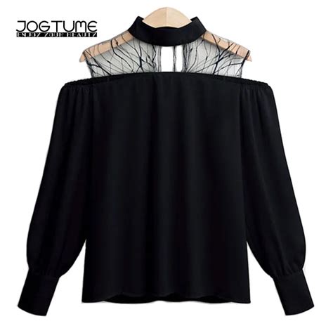 Office Ladies Chiffon Blouse 2018 Spring Summer New Style Lace Hollow Out Long Sleeve Black