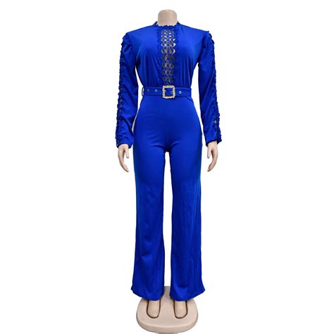 Fashion Formal Ladies Solid Color Rompers Puff Sleeve Hollow Out Belt
