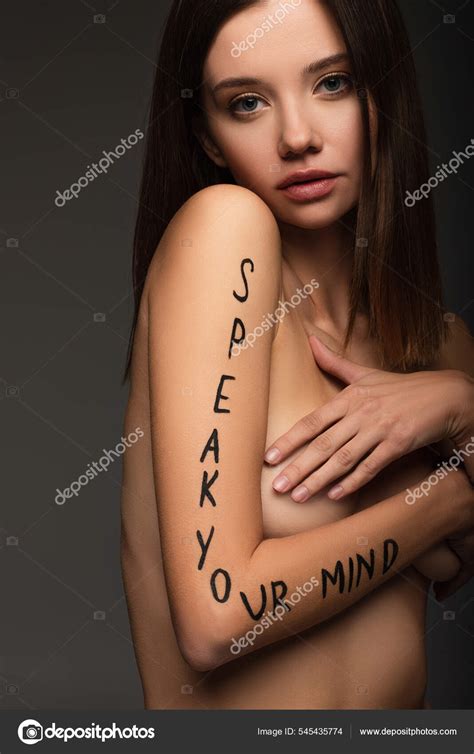 Naked Woman Speak Your Mind Lettering Arm Looking Camera Isolated Stock Photo Ischukigor