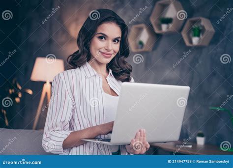 Photo Of Optimistic Brunette Curly Hairdo Lady Write Laptop Work From