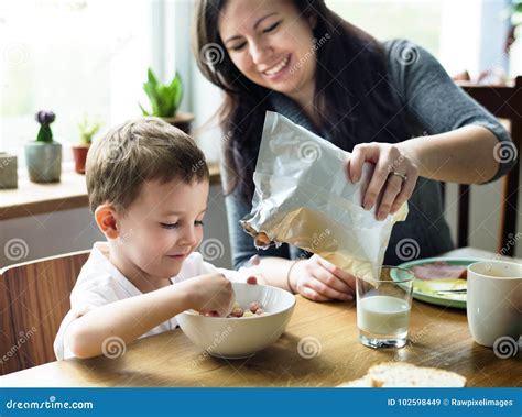 Mom Son Spend Time Holiday Eating Breakfast Stock Image Image Of