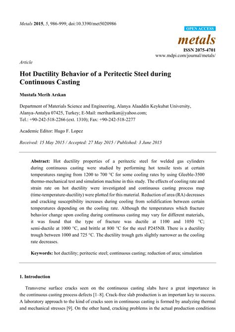PDF Hot Ductility Behavior Of A Peritectic Steel During Continuous Casting