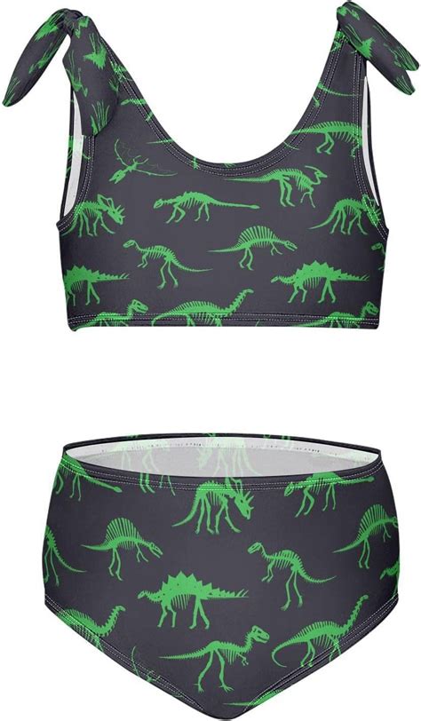 Green Dinosaur Bones Girl S 2 Piece Bikini Set Beach Sport Swimsuit Swimwear 12 14Y170cm