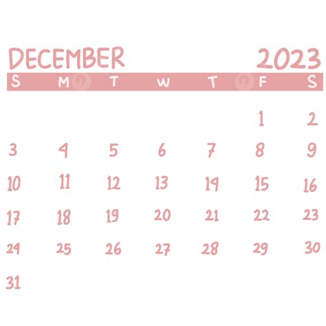 December Calendar White Transparent Pink Calendar December 2023