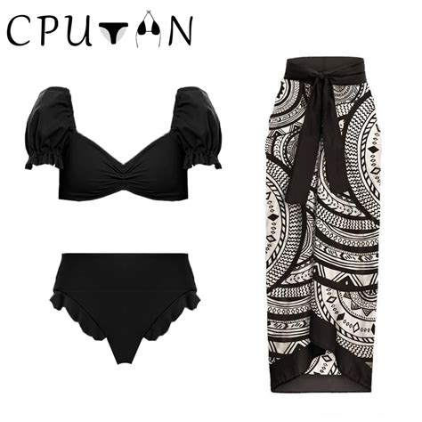 Cputan New Sexy Puff Sleeve Ruffle Bikini Set Swimsuit Skirt