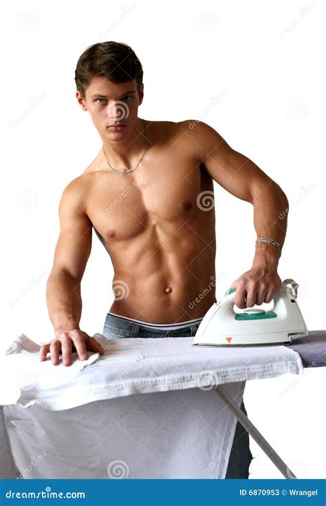 Naked Man Ironing A Shirt Isolated On White Stock Image Image Of