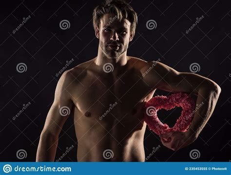 Muscular Macho Man With Naked Chest Hold Valentines Day Heart Present Love Stock Image Image