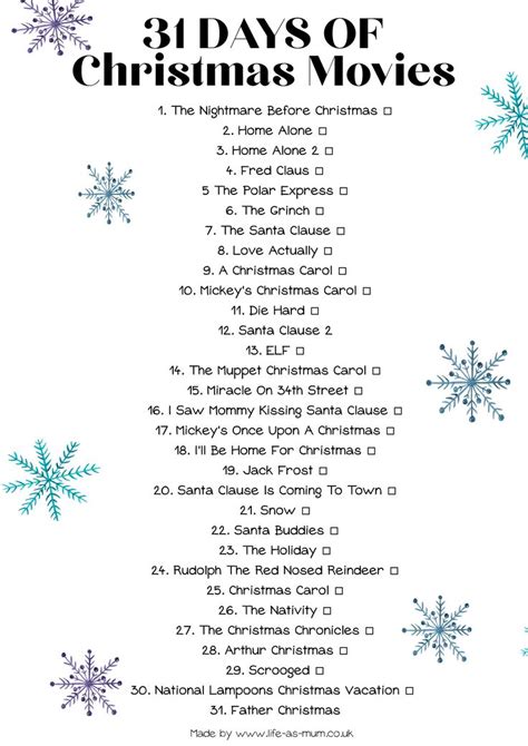 the 31 days of christmas movies list with snowflakes on white paper and blue lettering