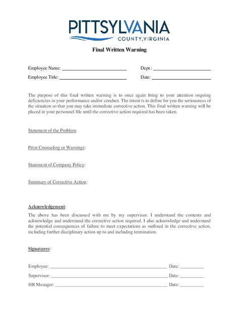 Fillable Online Final Written Warning Form Fax Email Print Pdffiller