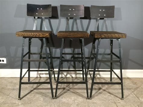 Set of 3 Rustic Bar Stools W/ Steel Backs by UrbanWoodFurnishings