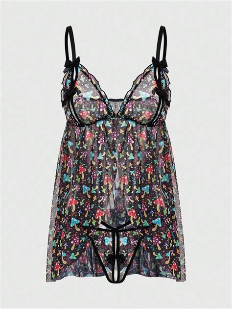 Our ThisUniqueVibe Colorful Mushroom Print Mesh Sexy Lingerie Set Is Such A Vibe ROMWE