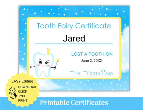 Tooth Fairy Certificate Printable And Editable Certificates Etsy