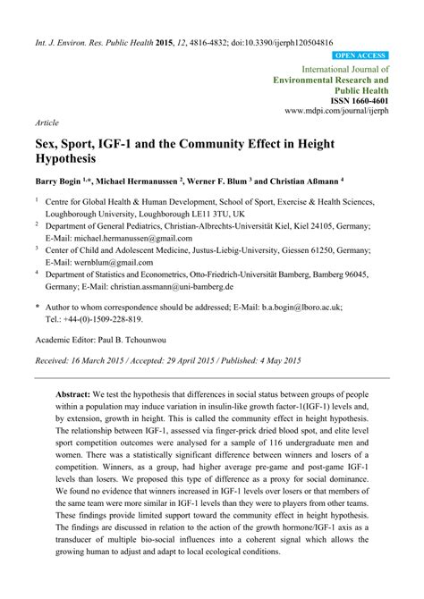 Pdf Sex Sport Igf 1 And The Community Effect In Height Hypothesis