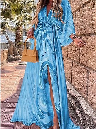 Bikini Cover ups Boho Print Lång klänning Självbälte Sexig Strand Tunika Sommar Kvinnor