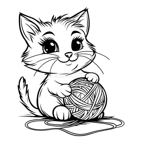 Cute Kitten Playing with a Ball of Yarn Coloring Page. Stock ...