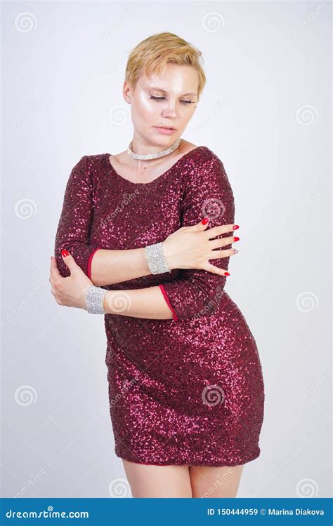Cute Caucasian Curvy Girl With Short Blonde Hair And Plus Size Body Wearing Beautiful Elegant