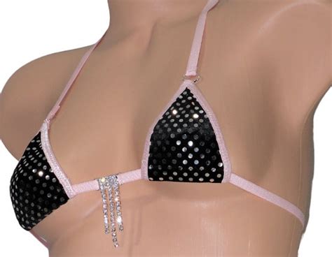 Mini Micro G String Bikini Metallic Silver Polka Dot On Black Velvet Light Pink Trim Rhinestone