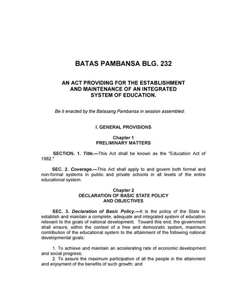 Lebmemo Book Education Act Of 1982 Final Draft BATAS PAMBANSA BLG