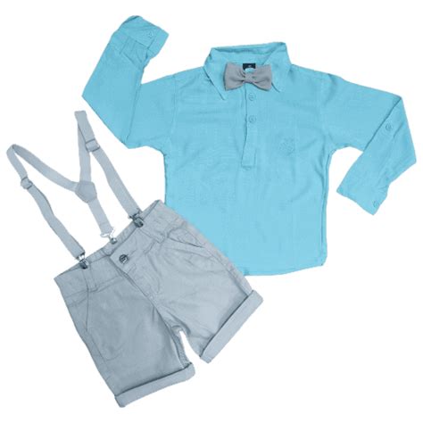 Bermuda Nude e Camisa Bata Azul Gravata e Suspensório Infantil