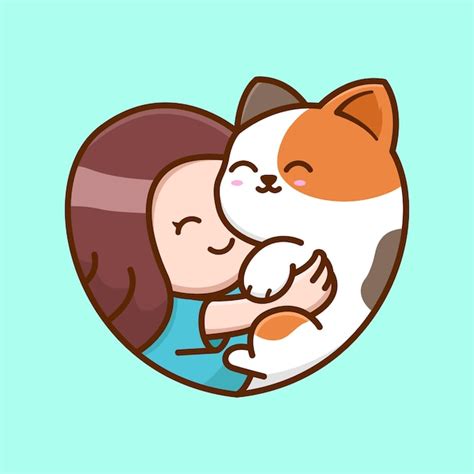 Premium Vector Happy Girl Hug Cat Cartoon