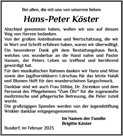 Traueranzeigen Von Hans Peter K Ster Sh Z Trauer