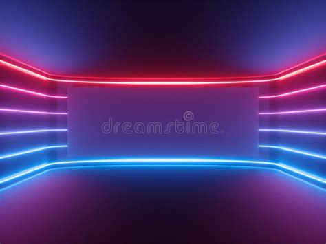 3d Geef Rood Blauw Neonlicht Gloeiende Lijnen Het Lege Horizontale