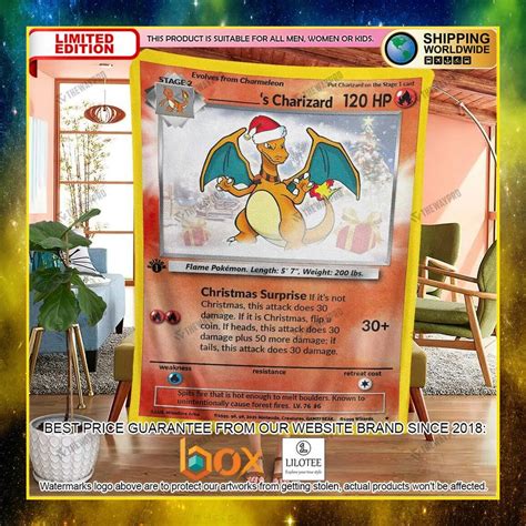 HOT Christmas Charizard Pokemon Santa Hat Custom Luxury Blanket