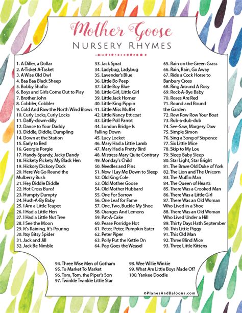 Mother Goose Nursery Rhymes: A List of best 100 nursery rhymes