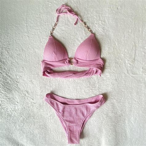 Pink Chain Halter Bikini Set Size S Measurements Depop