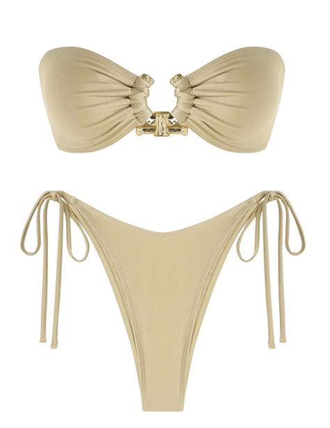 Zaful Metal Ring Bandeau Bikini Set Satin Silk Tie Side Bathing Suit High Cut Piece Swimsuit