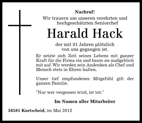 Traueranzeigen Von Harald Hack Rz Trauer De